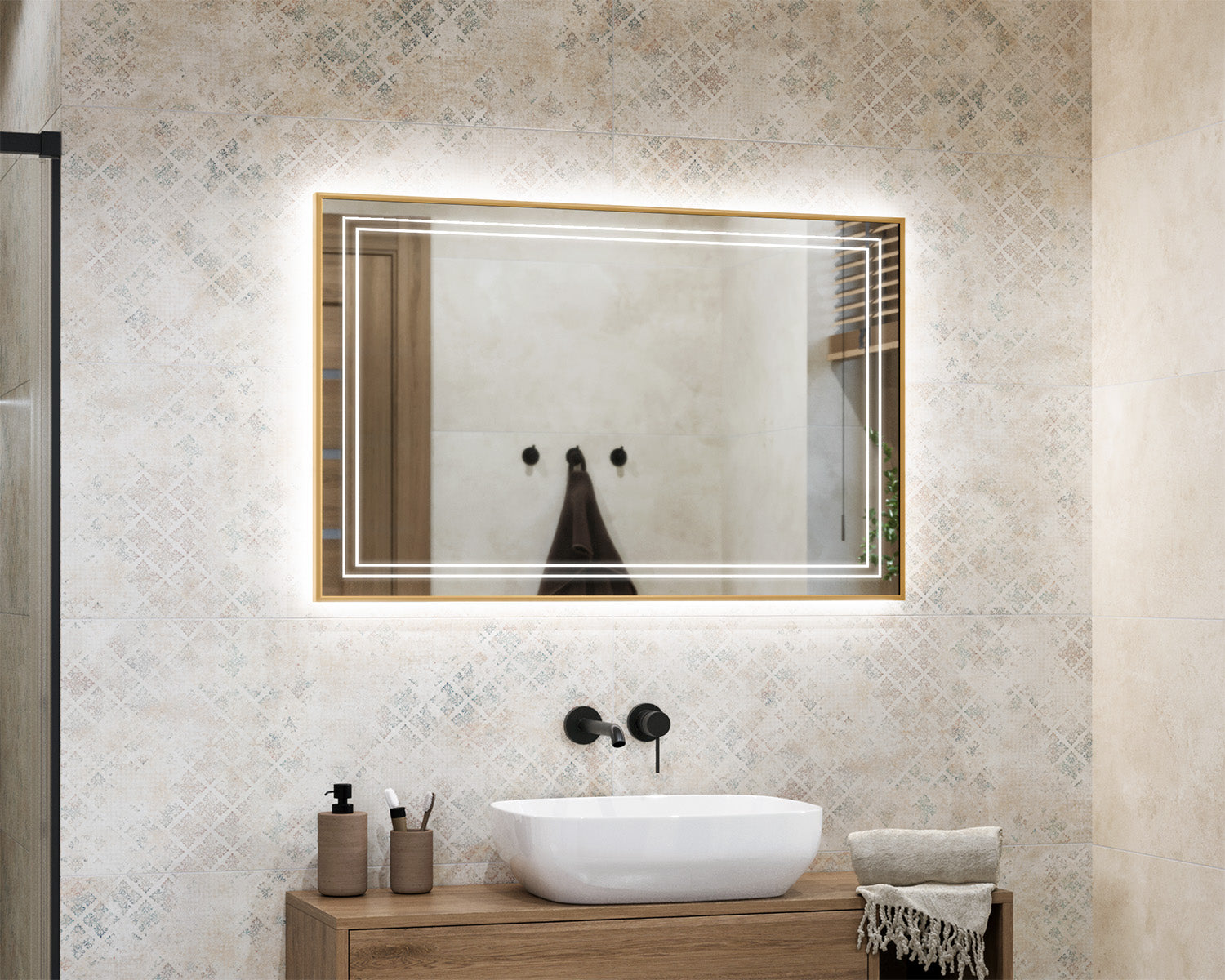 Illuminated mirror in a gold aluminum frame Activo