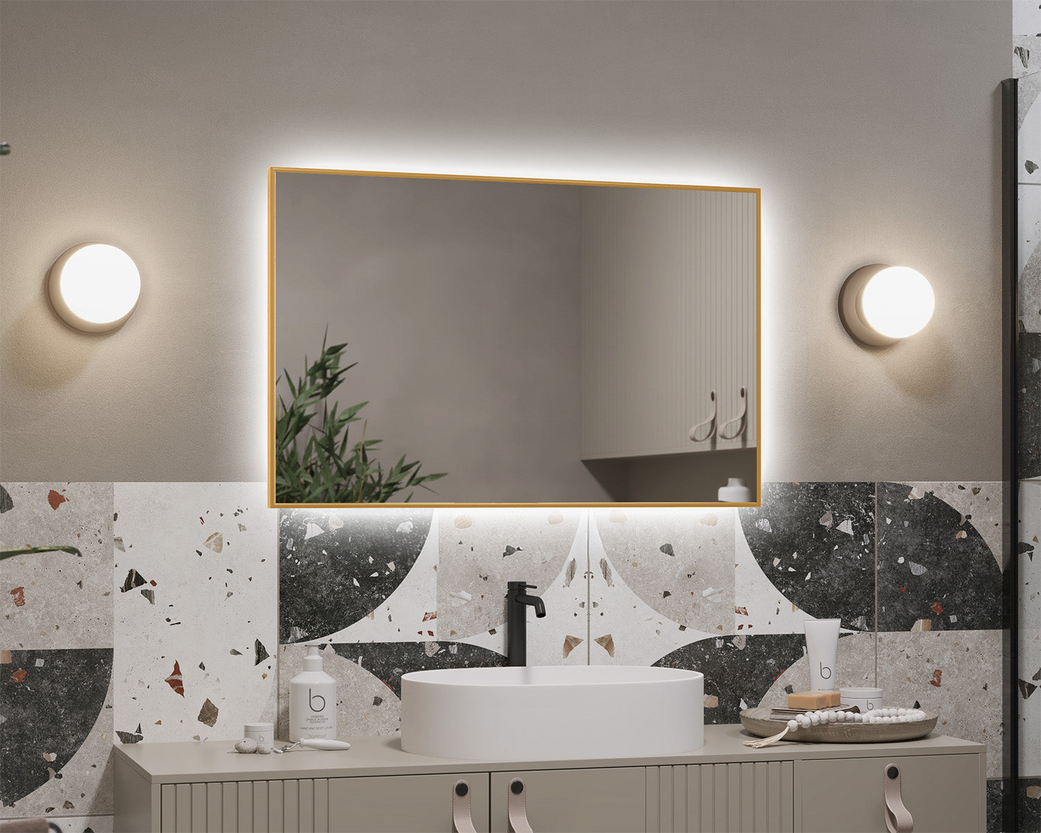 Calia Ambiente illuminated mirror in a gold aluminum frame
