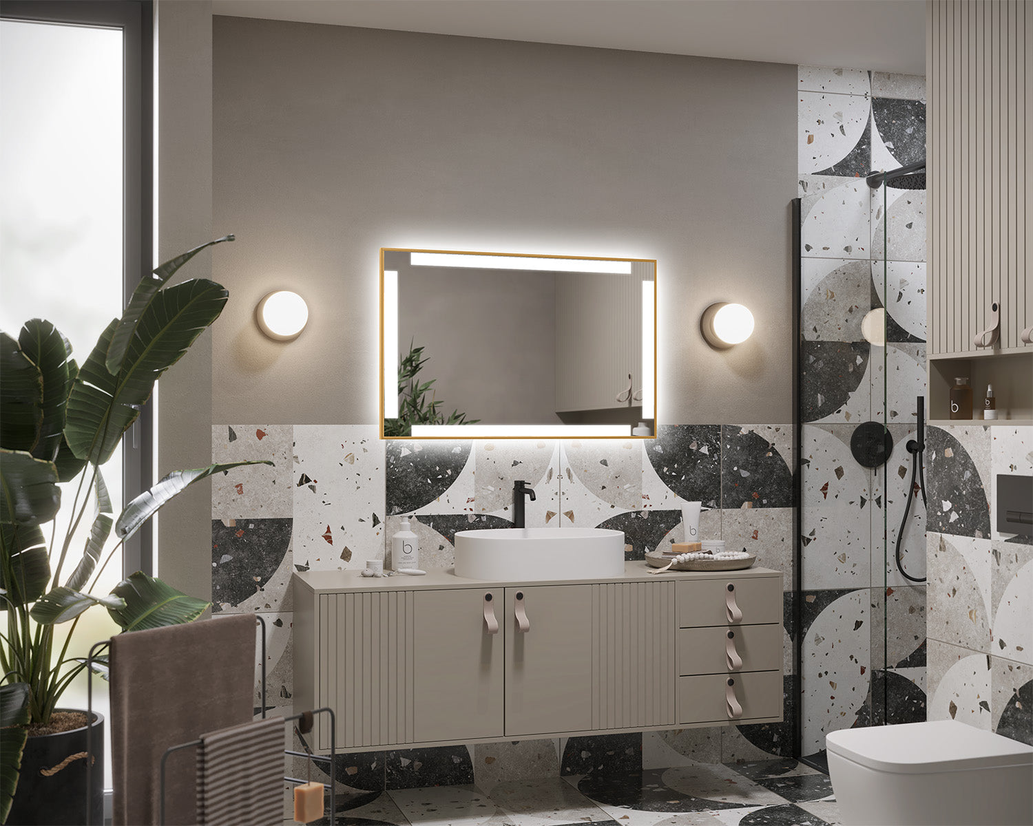 Eneria illuminated mirror in a gold aluminum frame
