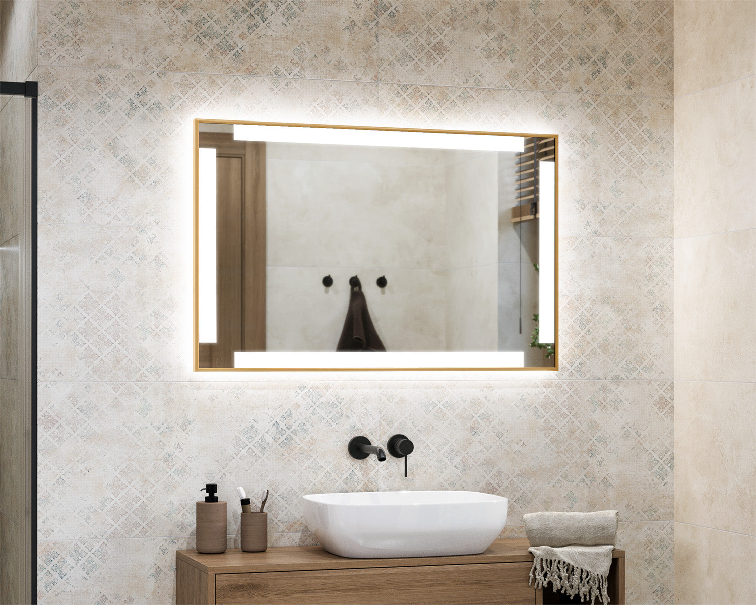 Eneria illuminated mirror in a gold aluminum frame