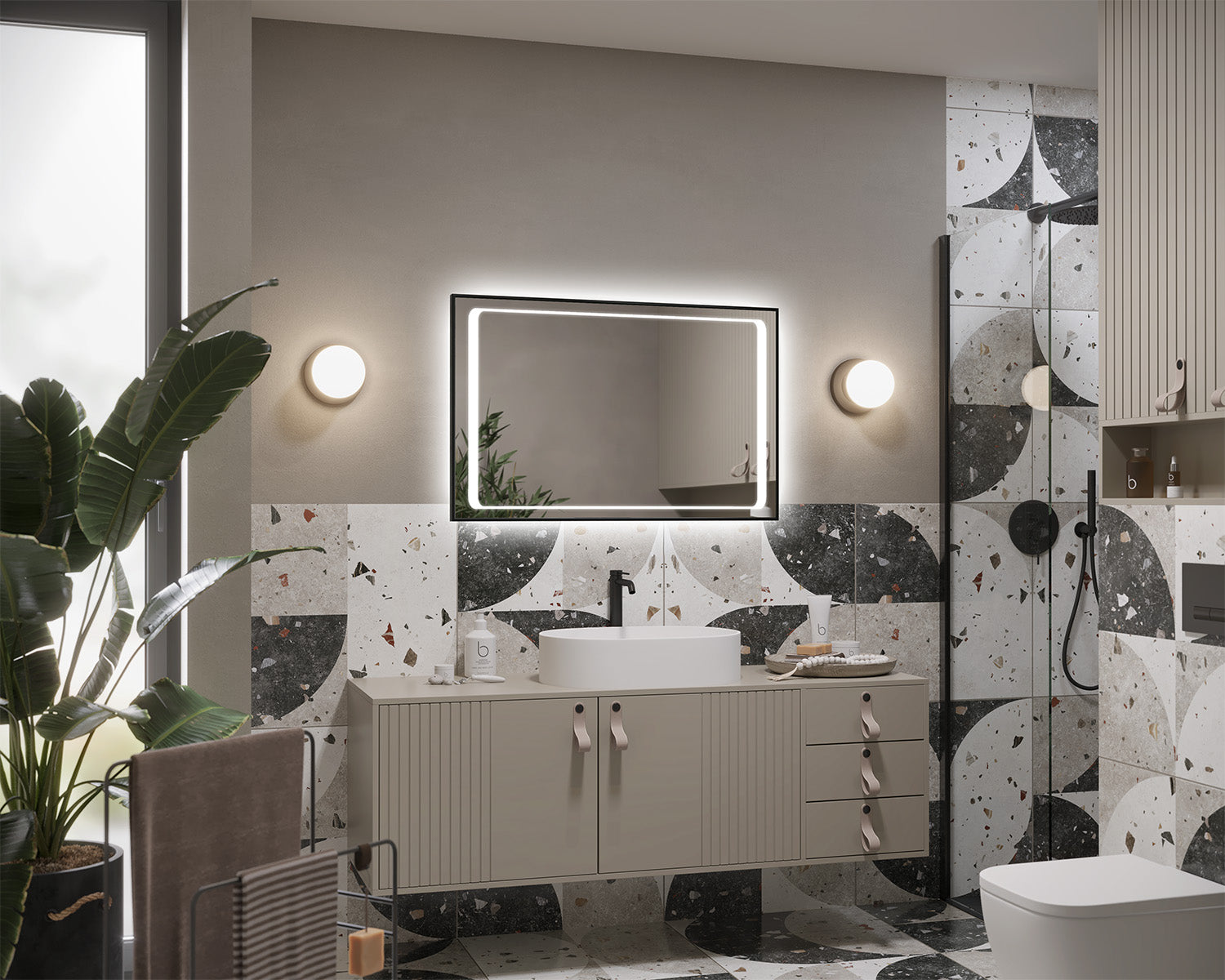 Illuminated mirror in a black Fluxa aluminum frame