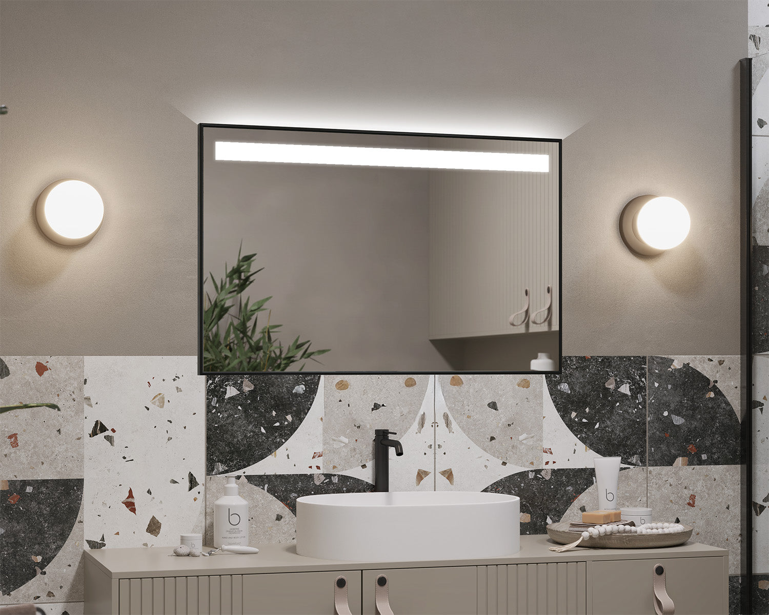 Illuminated mirror in a black aluminum frame Pulsar