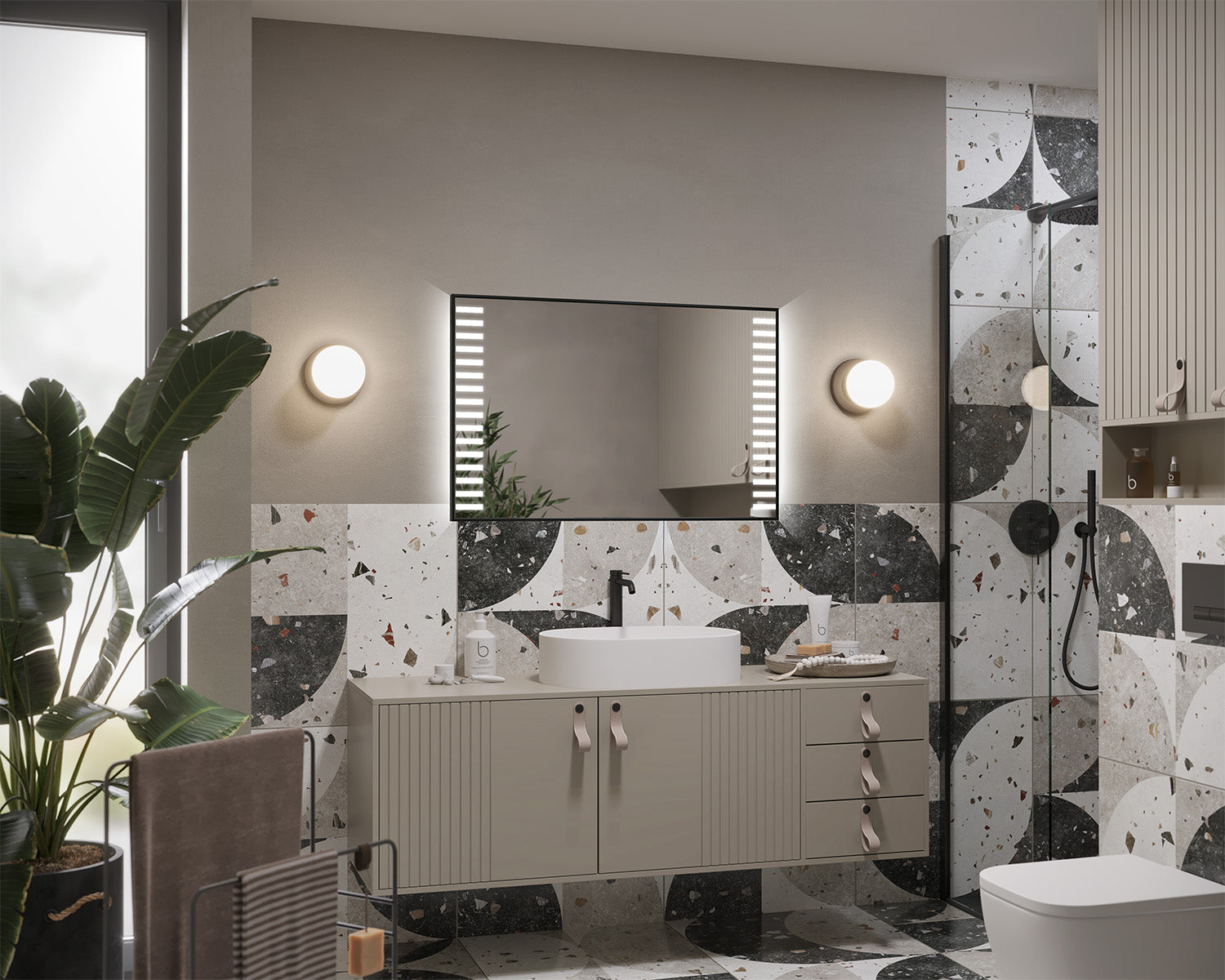 Illuminated mirror in a black Spinel aluminum frame