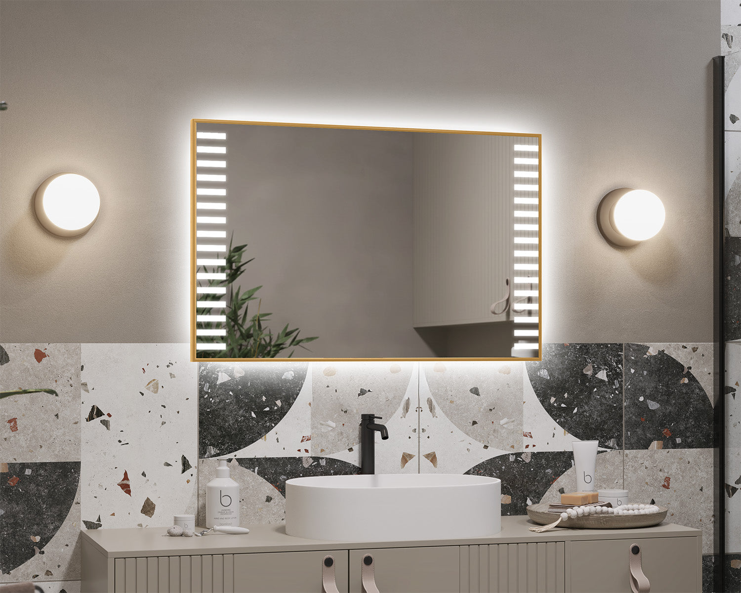 Illuminated mirror in a gold Spinel aluminum frame