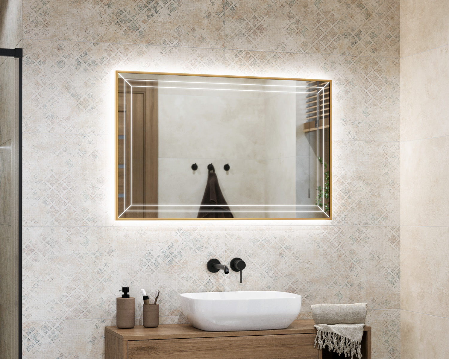 Illuminated mirror in a gold aluminum frame Strimo